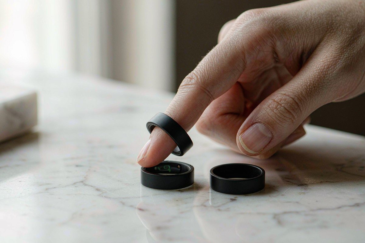 Macro view of a matte black smart ring with optical sensor on a marble surface