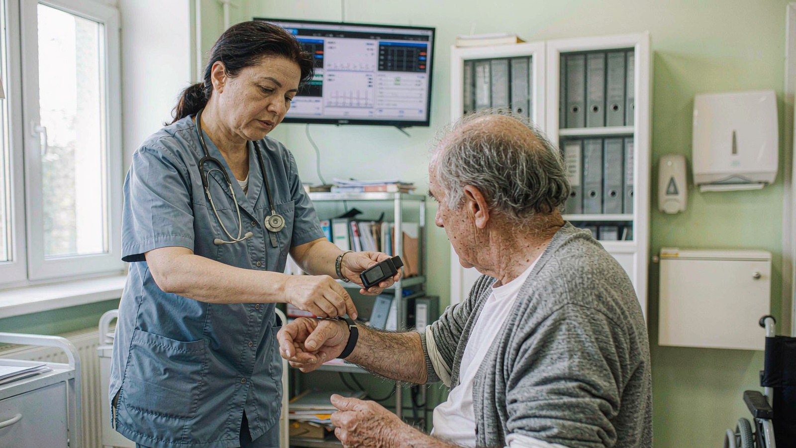 Nurse fitting a vital-sign monitoring watch on a patient
